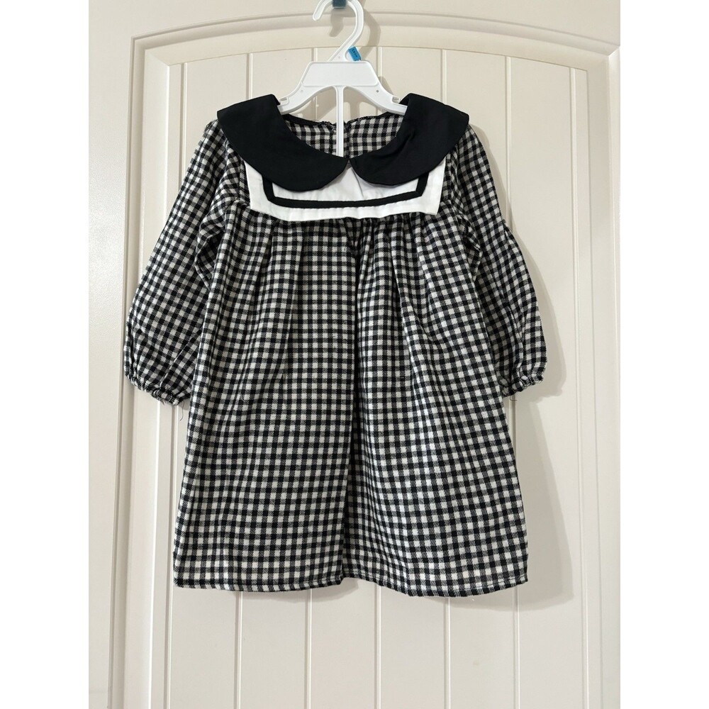 Size 4T Girls Gingham Collar Dress Black White Plaid Long Sleeve Toddler
